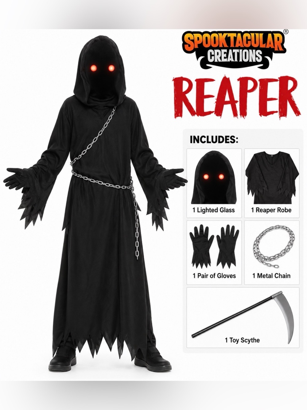 Spooktacular Creations Reaper Halloween Costume Child Size M 8-10 Light Up